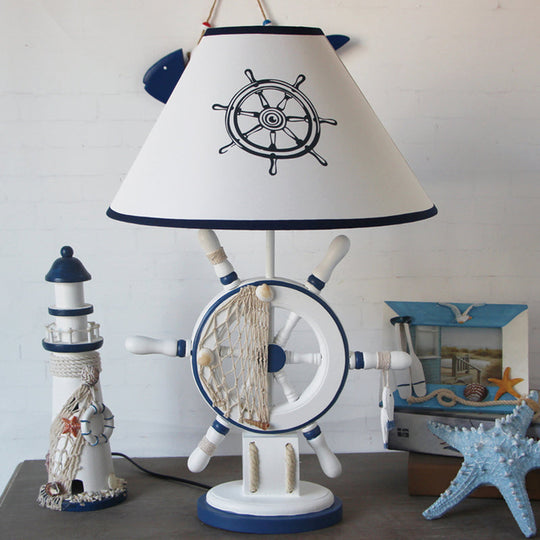 White Tapered Nightstand Lamp for Kids - 1-Light Fabric Table Lighting with Rudder/Lighthouse Base