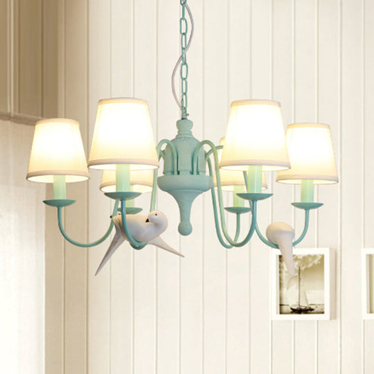 Green Fabric Tapered Shade Chandelier: Vivid Bird Design, 6 Lights - Contemporary Hanging Light