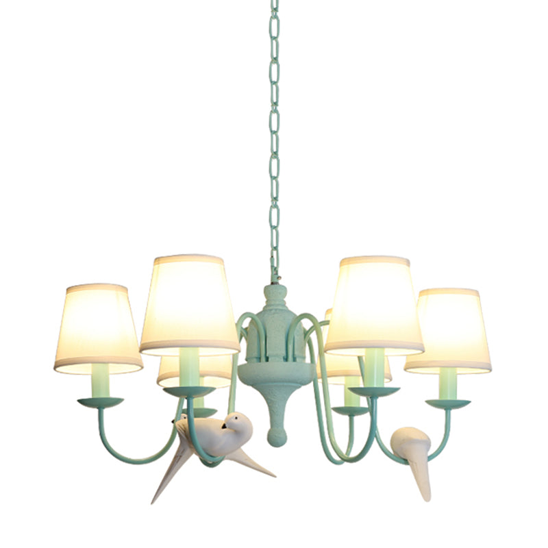 Green Fabric Tapered Shade Chandelier: Vivid Bird Design, 6 Lights - Contemporary Hanging Light
