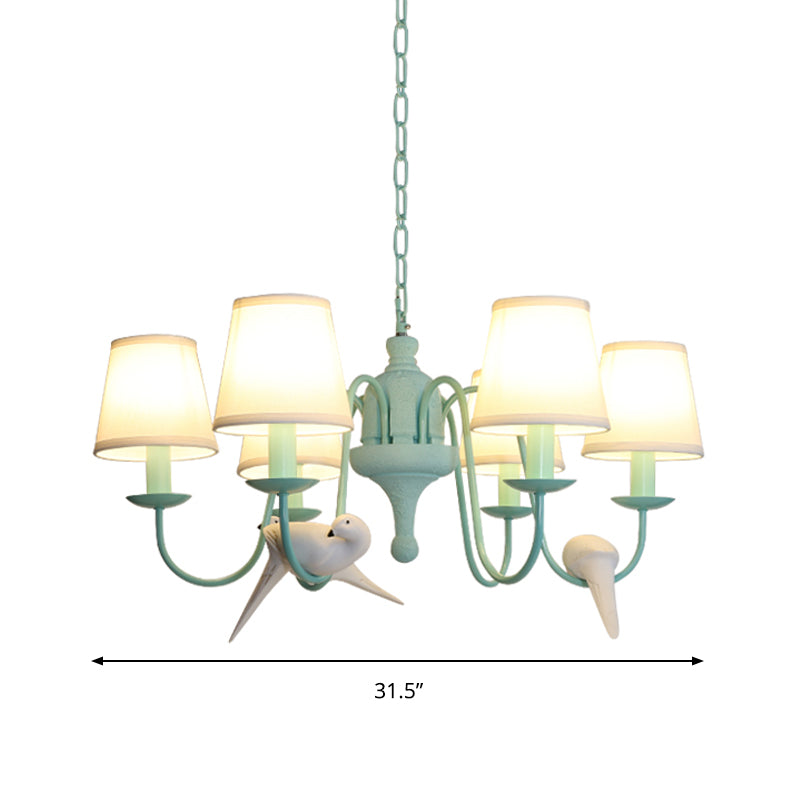 Green Fabric Tapered Shade Chandelier: Vivid Bird Design, 6 Lights - Contemporary Hanging Light