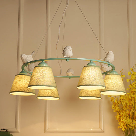 Green Rustic Style Ring Villa Chandelier with Bird & Tapered Shade