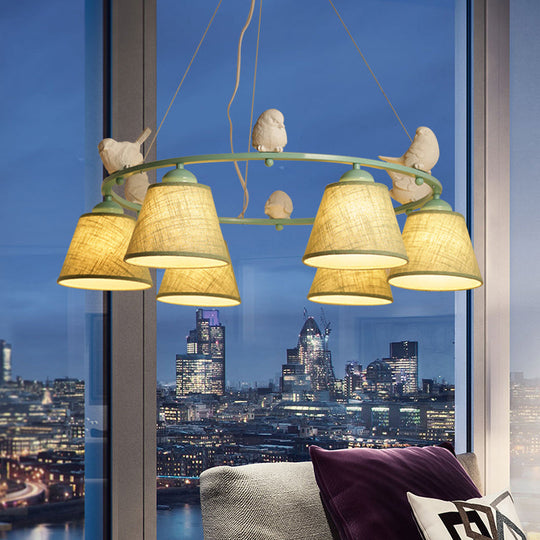 Green Rustic Style Ring Villa Chandelier with Bird & Tapered Shade