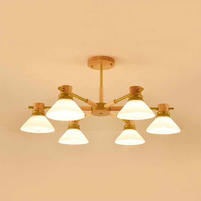 Modern Glass and Wood Hanging Pendant Chandelier - Black/Gold Branch Cone Shade for Sitting Room