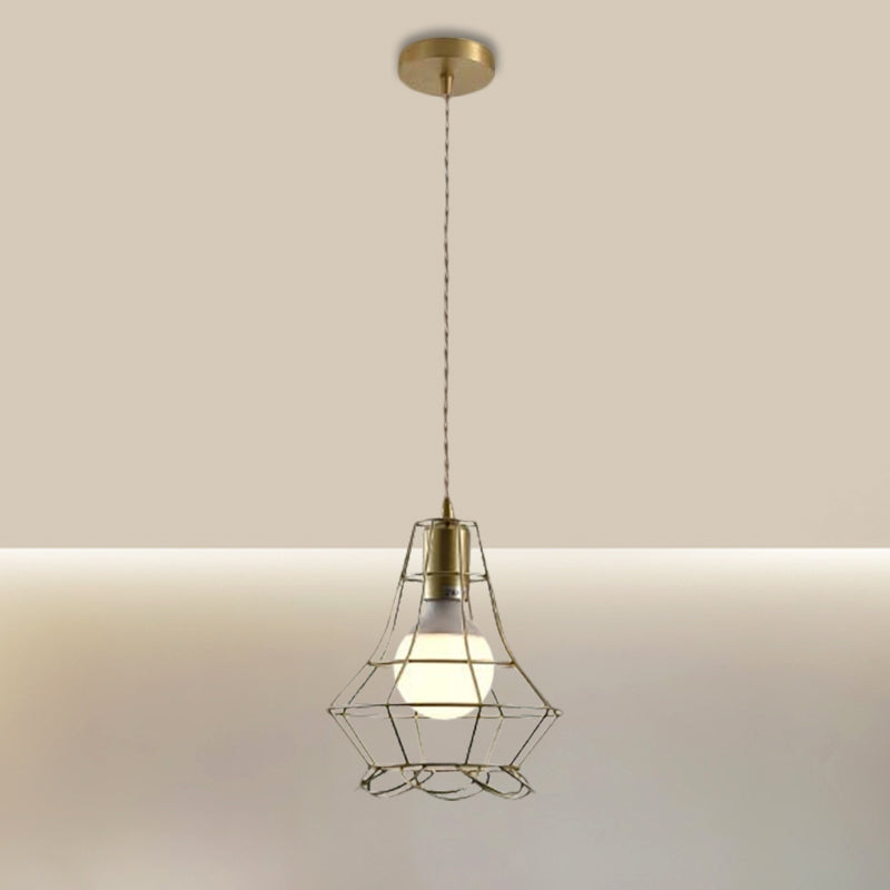 Industrial Metal Pendant Lighting with Gold Finish and Wire Frame for Dining Room - 1 Head Square/Triangle Design