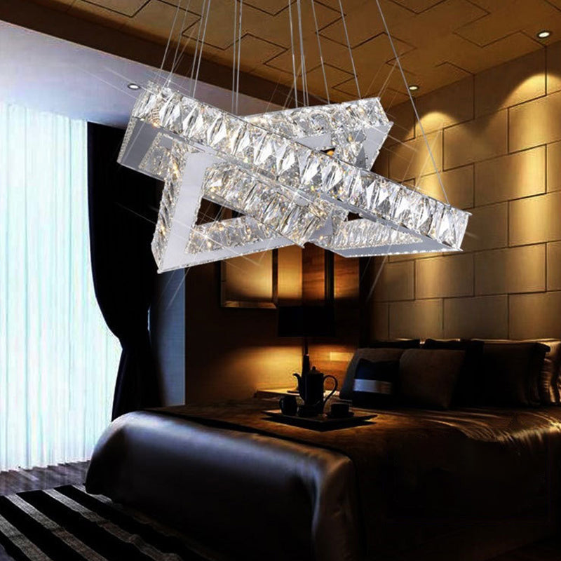 Square Crystal Hanging Chandelier - Modern Chrome LED Drop Light for Bedroom (16"/19.5")