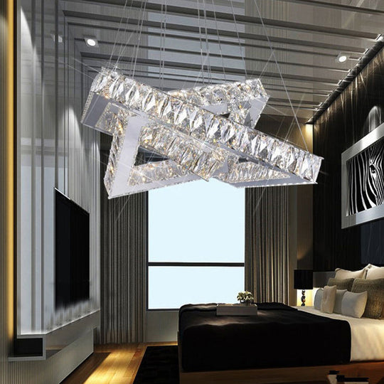 Square Crystal Hanging Chandelier - Modern Chrome LED Drop Light for Bedroom (16"/19.5")