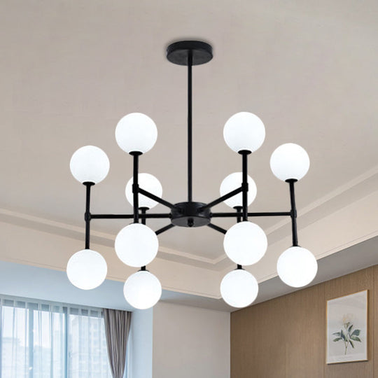 Modern Black/Gold Bubble Shade Chandelier with Opal Glass - 12 Light Ceiling Pendant for Living Room Lighting