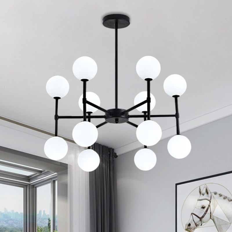 Modern Black/Gold Bubble Shade Chandelier with Opal Glass - 12 Light Ceiling Pendant for Living Room Lighting
