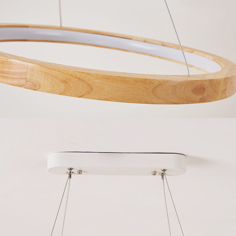Modern Wood Double-Ring Pendant Light Chandelier for Dining Room in Beige