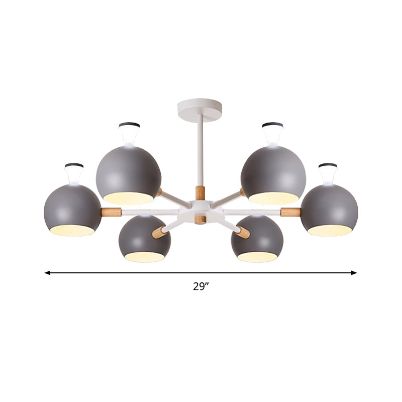 Nursing Room Snowflake Chandelier - 6-Head Wood Ceiling Pendant with Spherical Shade