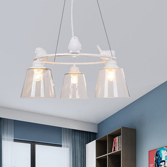 Nordic Style Bucket Shade Pendant Light with Bird, Transparent Glass Hanging Light for Cafes in White