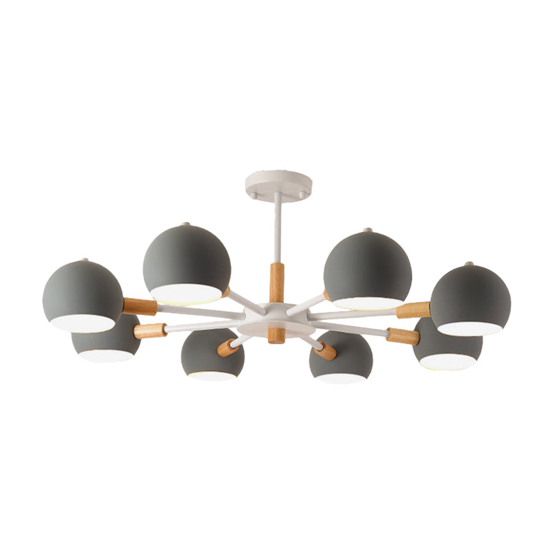 Wood Snowflake Hanging Lamp with Orb Shade - 8-Head Macaron Chandelier