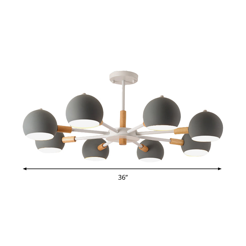 Wood Snowflake Hanging Lamp with Orb Shade - 8-Head Macaron Chandelier