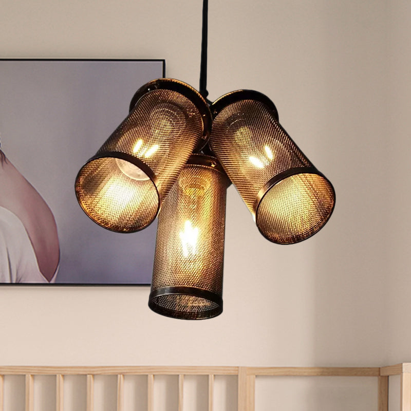 Vintage Style Iron Cylinder Pendant Light - 3 Heads Black Suspension Lamp with Mesh Cage Shade