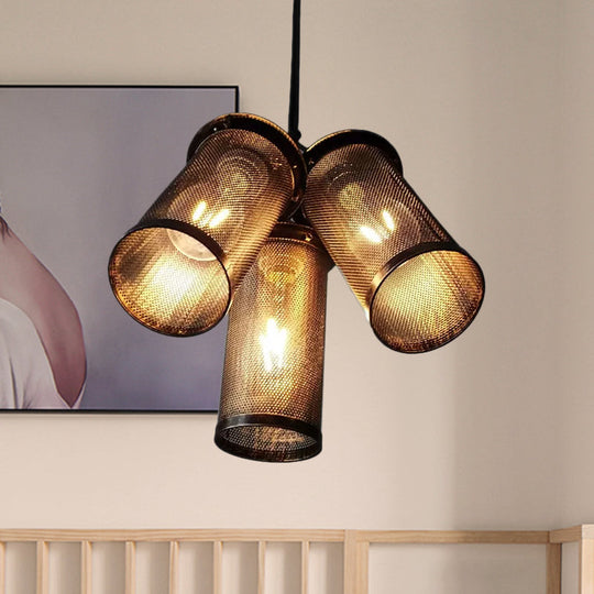 Vintage Style Iron Cylinder Pendant Light - 3 Heads Black Suspension Lamp with Mesh Cage Shade