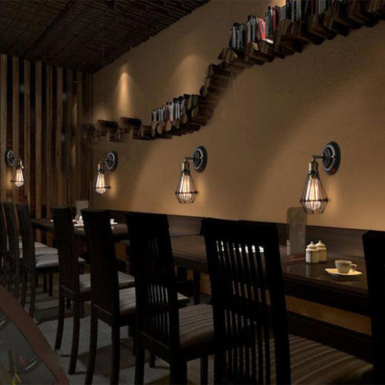 Rustic Weathered Brass Iron Wall Sconce Lighting - Caged Mini Wall Lamp for Dining Room