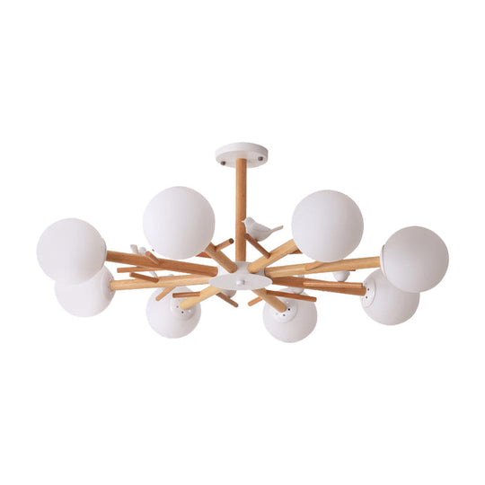 Rustic Wood Pendant Light with White Globe Shade and Bird Detail - Ideal for Dining Room