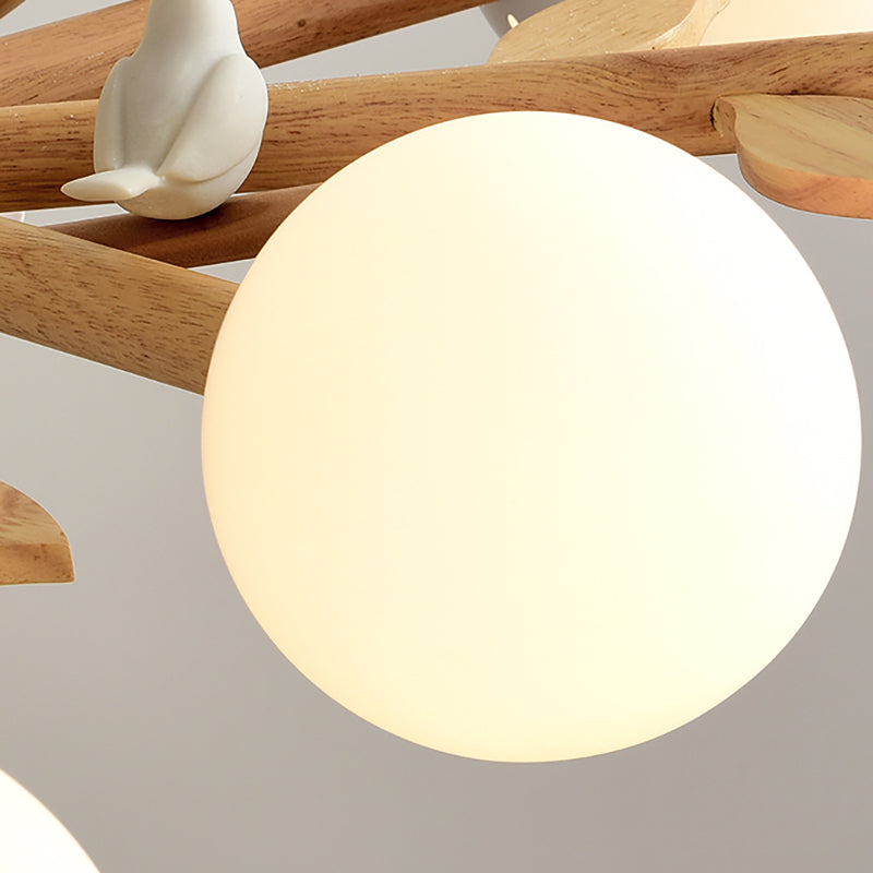 Rustic Wood Pendant Light with White Globe Shade and Bird Detail - Ideal for Dining Room