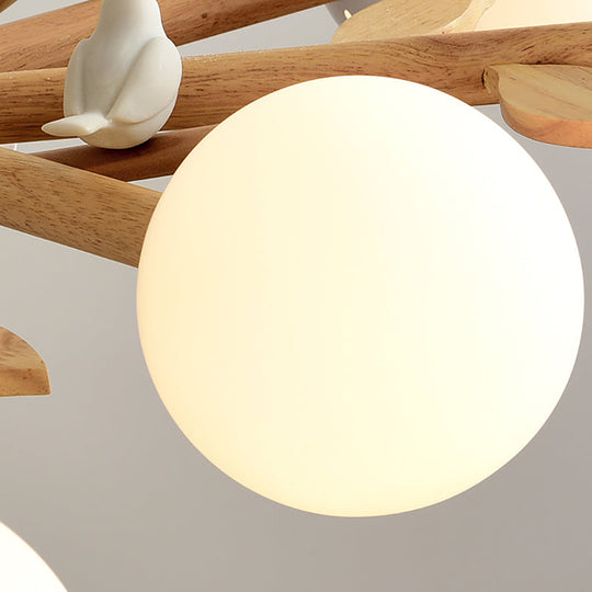 Rustic Wood Pendant Light with White Globe Shade and Bird Detail - Ideal for Dining Room