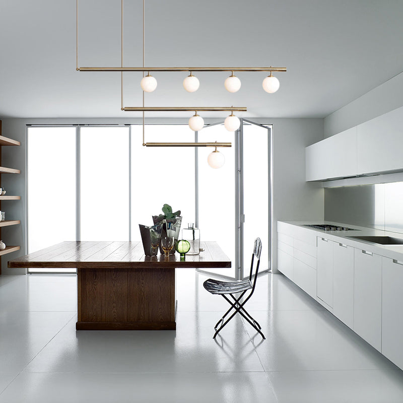 Modern Brass Pendant Light with Orbit Shade: Linear Office Chandelier (3/6/7 Lights)