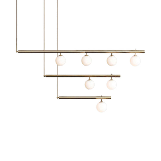 Modern Brass Pendant Light with Orbit Shade: Linear Office Chandelier (3/6/7 Lights)