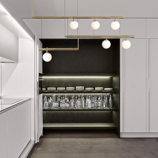 Modern Brass Pendant Light with Orbit Shade: Linear Office Chandelier (3/6/7 Lights)