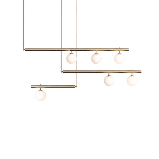 Modern Brass Pendant Light with Orbit Shade: Linear Office Chandelier (3/6/7 Lights)