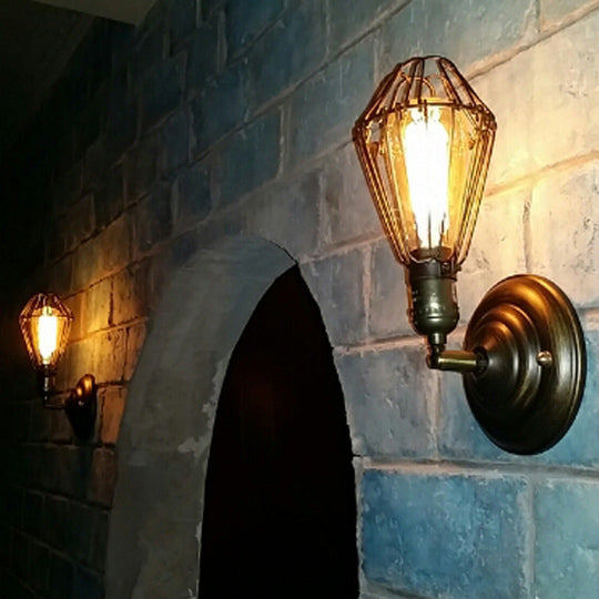 Rustic Weathered Brass Iron Wall Sconce Lighting - Caged Mini Wall Lamp for Dining Room