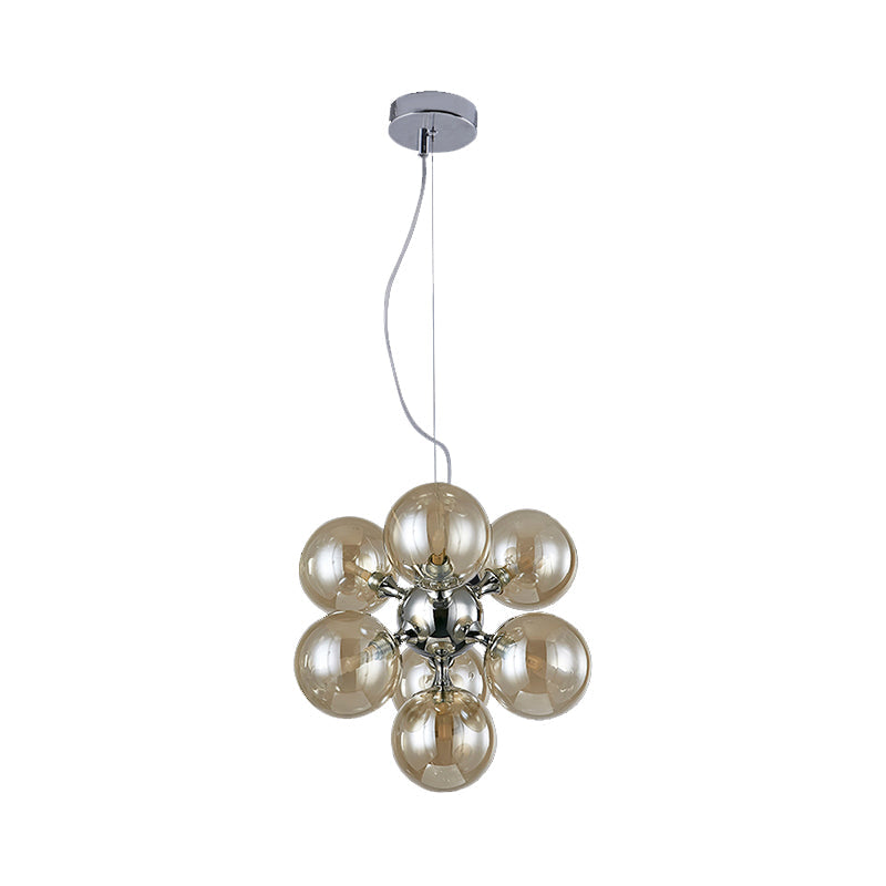 Modern Round Shade Chandelier with Amber/Smoke/White Glass - 9-Light Pendant Lighting for Hotel Dining Room