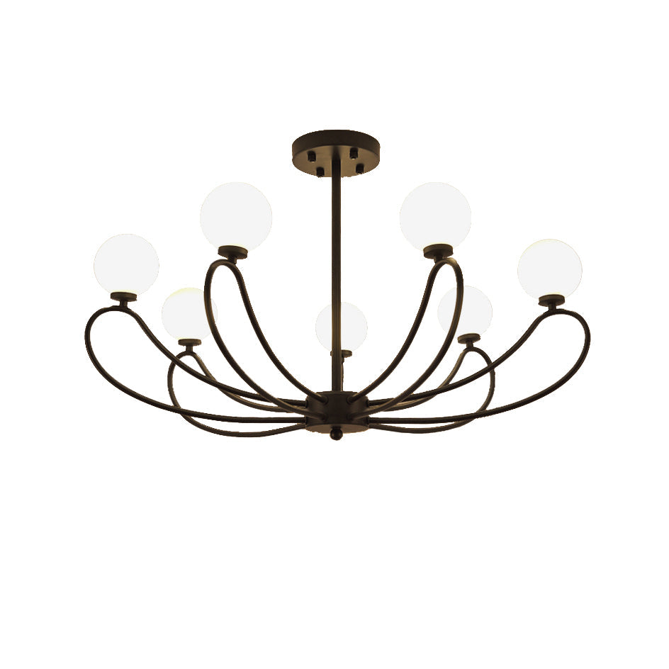 Contemporary Black Curved Arm Chandelier with Orbit Shade - 8 Light Metal Pendant