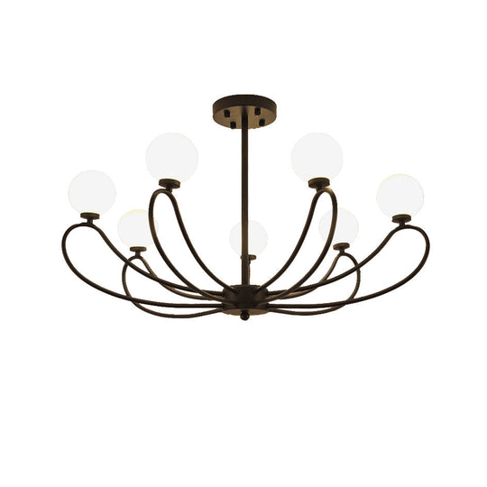 Contemporary Black Curved Arm Chandelier with Orbit Shade - 8 Light Metal Pendant
