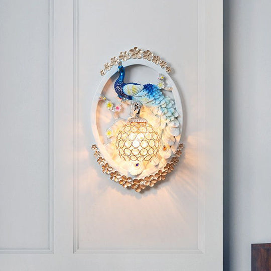 K9 Crystal Ball Peacock Design Wall Sconce - Contemporary Blue & White Living Room Lighting