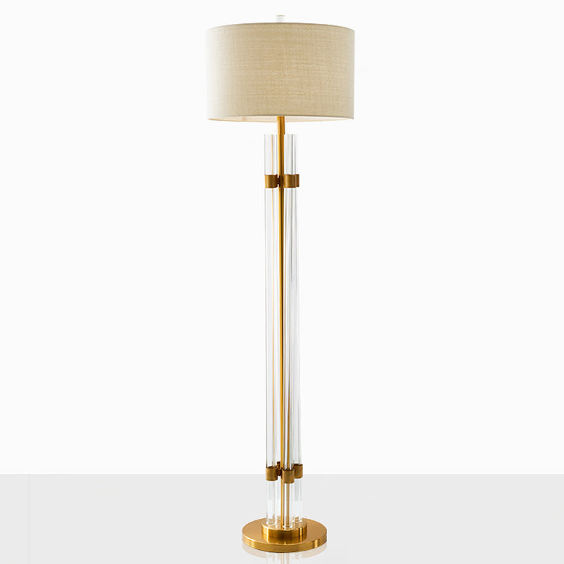 Nordic Crystal Floor Lamp with LED Beige Lighting and Drum Fabric Shade