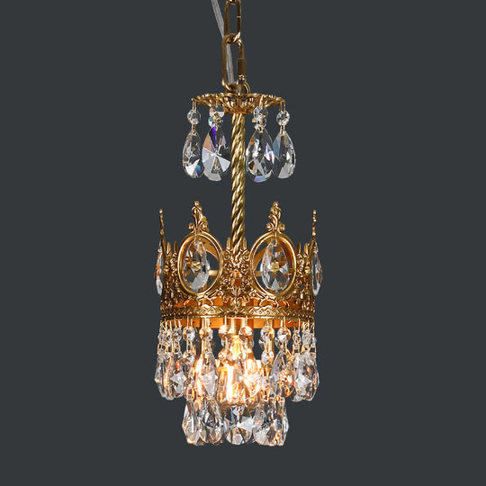 Traditional Crystal Crown Hanging Lamp Kit - Single Bulb Flush Lighting in Brass