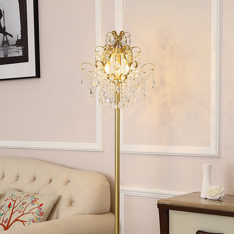 Classic Metal 3-Head Spiral Floor Lamp with Faceted Crystal Droplet and Gold Finish