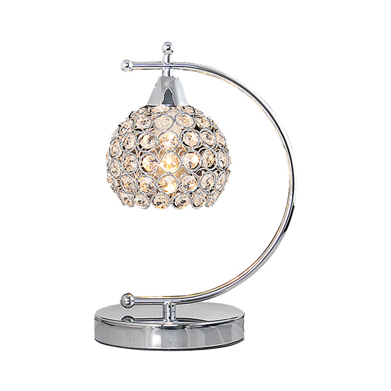 Nordic Domed Crystal Table Lamp - Small Desk Lighting with Arched Arm in Silver