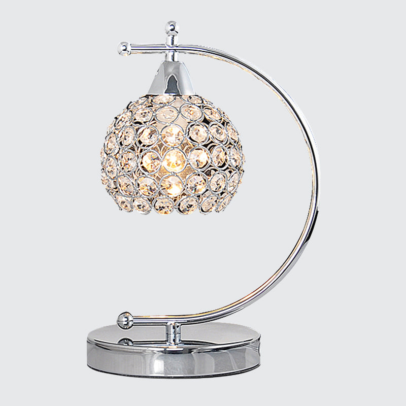 Nordic Domed Crystal Table Lamp - Small Desk Lighting with Arched Arm in Silver