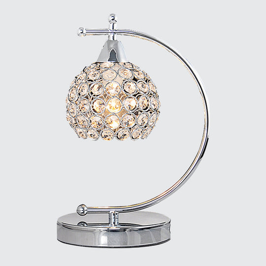 Nordic Domed Crystal Table Lamp - Small Desk Lighting with Arched Arm in Silver