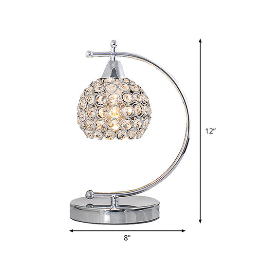 Nordic Domed Crystal Table Lamp - Small Desk Lighting with Arched Arm in Silver