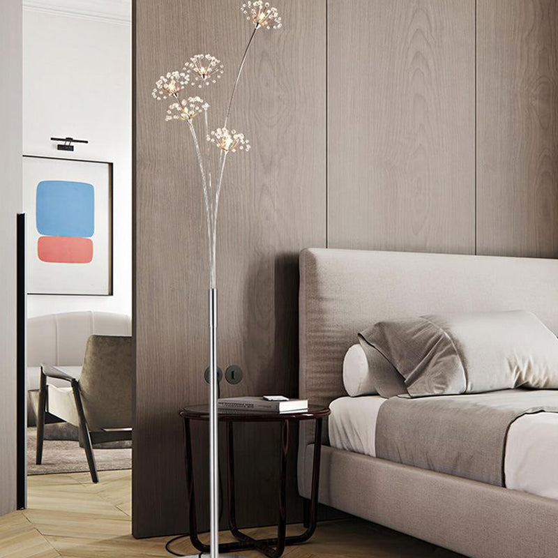 Nordic Silver Crystal Bead Floor Light for Living Room - 3/5-Bulb Standing Lighting