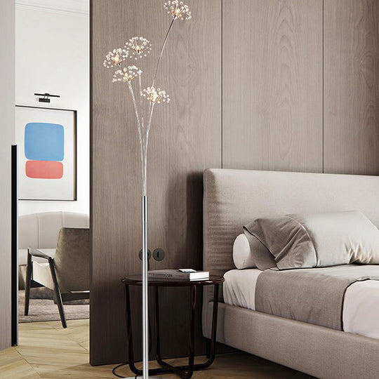 Nordic Silver Crystal Bead Floor Light for Living Room - 3/5-Bulb Standing Lighting