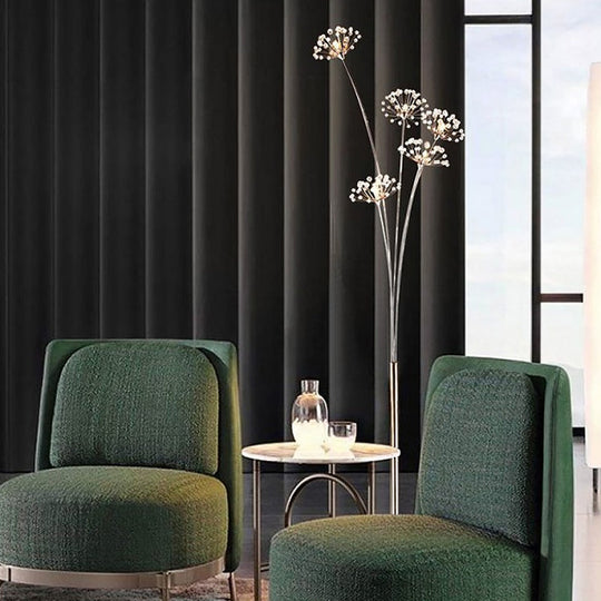 Nordic Silver Crystal Bead Floor Light for Living Room - 3/5-Bulb Standing Lighting