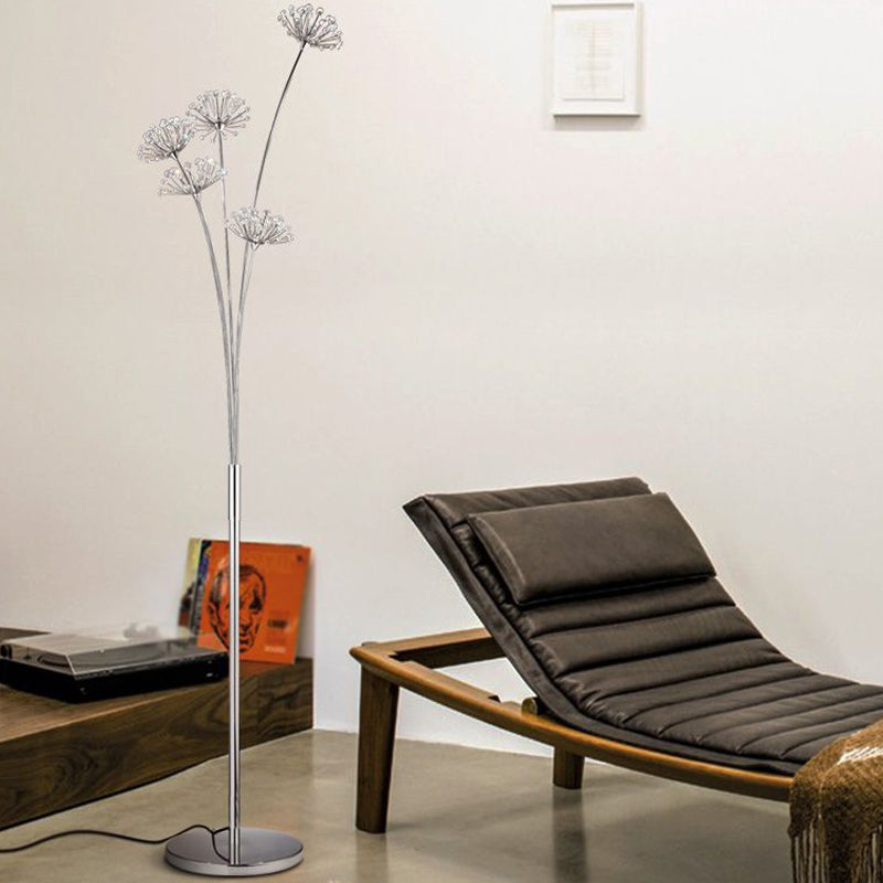 Nordic Silver Crystal Bead Floor Light for Living Room - 3/5-Bulb Standing Lighting