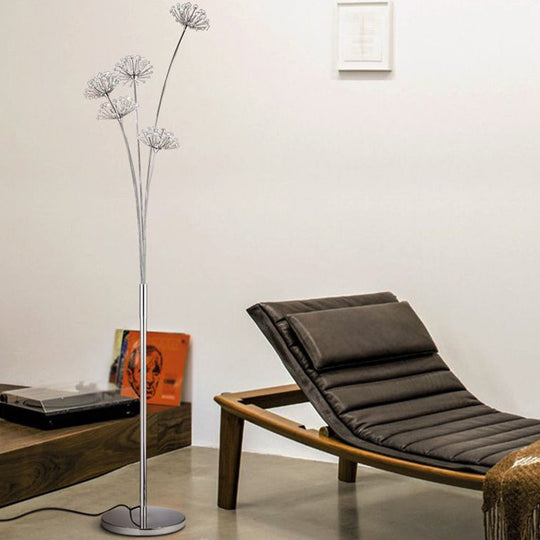 Nordic Silver Crystal Bead Floor Light for Living Room - 3/5-Bulb Standing Lighting