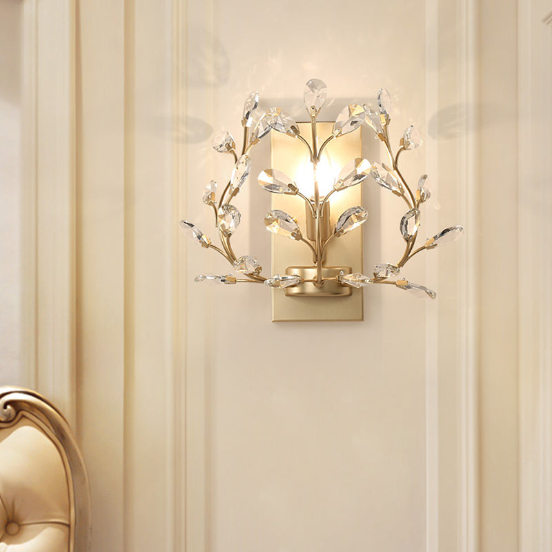 Modern Branch Wall Mount Light with Clear K9 Crystal Sconce - 1 Bulb - Black/Gold - Living Room Lighting Fixture
