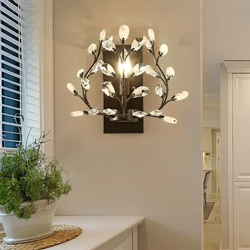 Modern Branch Wall Mount Light with Clear K9 Crystal Sconce - 1 Bulb - Black/Gold - Living Room Lighting Fixture