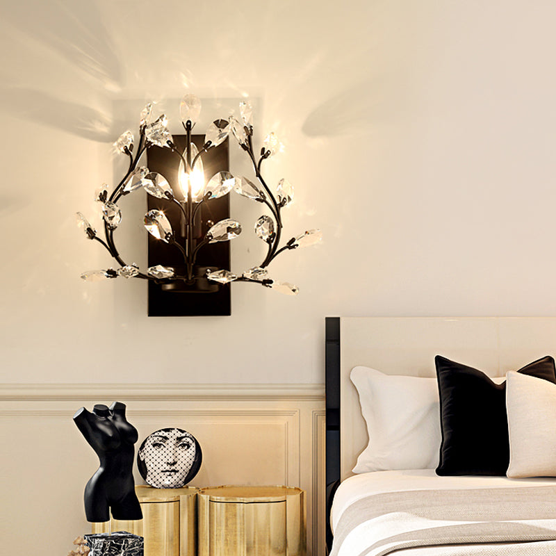 Modern Branch Wall Mount Light with Clear K9 Crystal Sconce - 1 Bulb - Black/Gold - Living Room Lighting Fixture