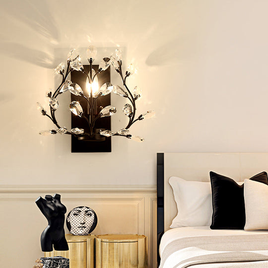 Modern Branch Wall Mount Light with Clear K9 Crystal Sconce - 1 Bulb - Black/Gold - Living Room Lighting Fixture