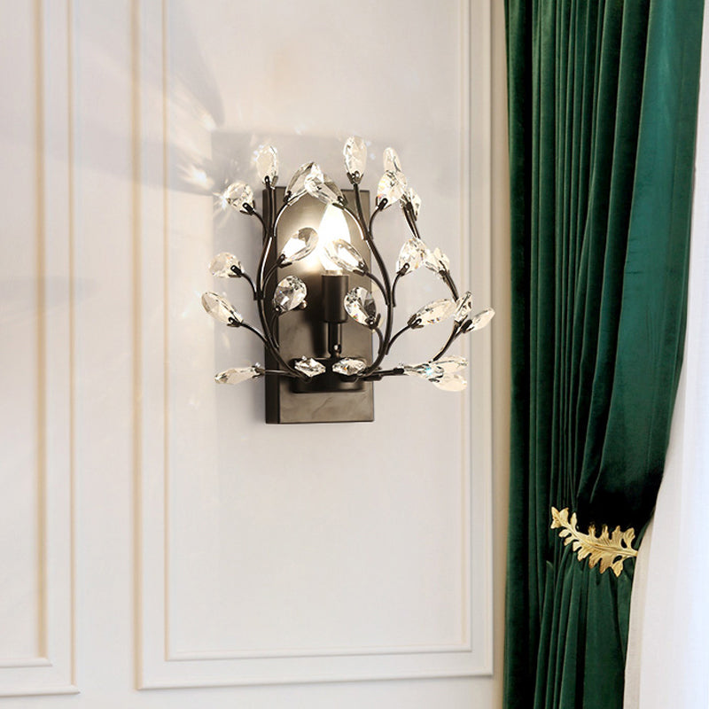 Modern Branch Wall Mount Light with Clear K9 Crystal Sconce - 1 Bulb - Black/Gold - Living Room Lighting Fixture