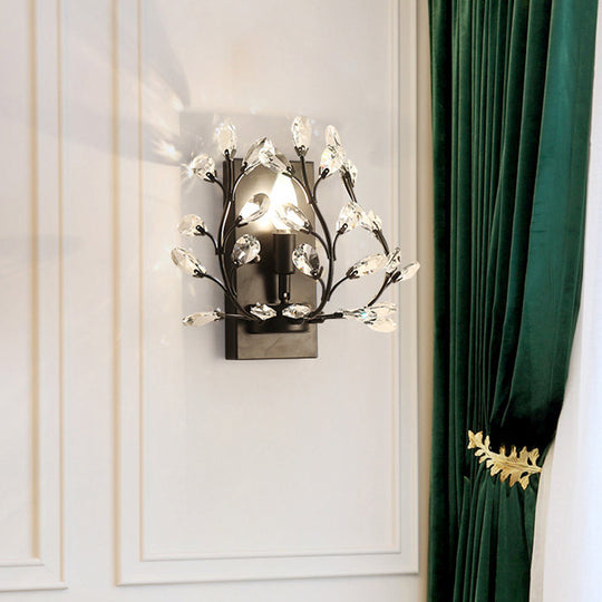 Modern Branch Wall Mount Light with Clear K9 Crystal Sconce - 1 Bulb - Black/Gold - Living Room Lighting Fixture